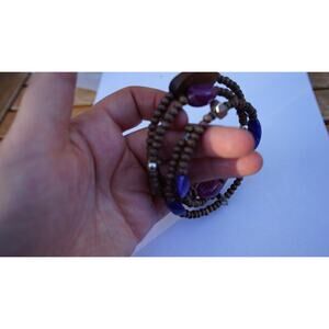 Vintage wood bead bracelet purple acrylic boho coil wrap 1970s hippie style